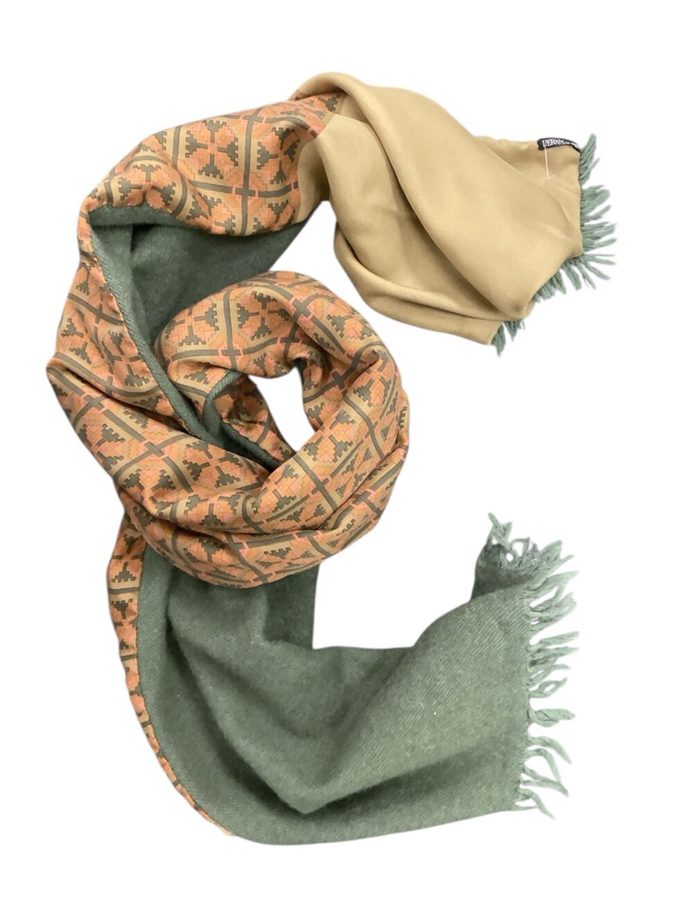VTG Hermes Scarf Unisex 1Size Rectangle 100%Silk & Cashmere Fringes Green &Brown